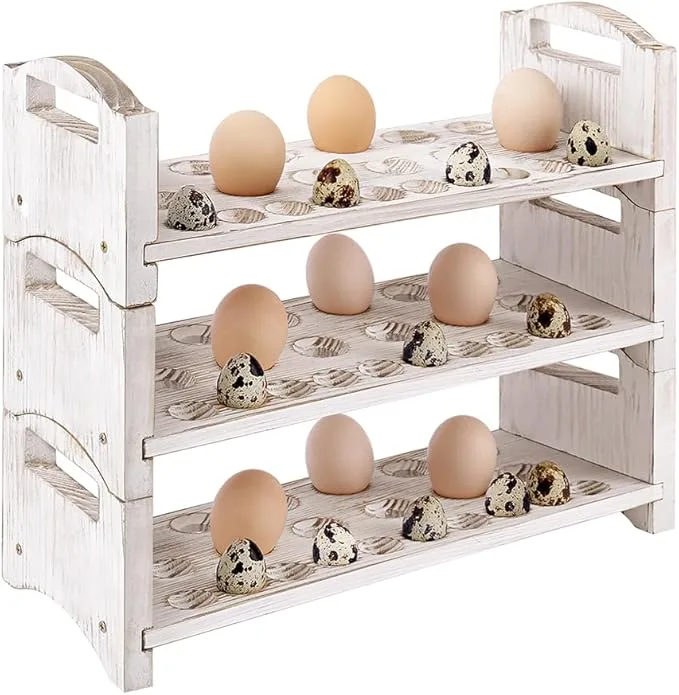 A wooden egg organizer from Amazon that holds quail, chicken, and duck eggs.