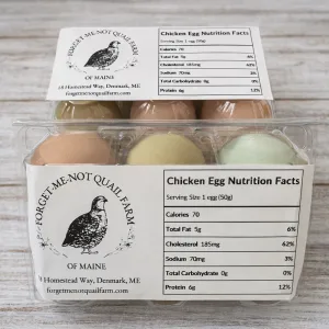 A 6-pack of multicolored farm fresh eggs from our backyard chickens.