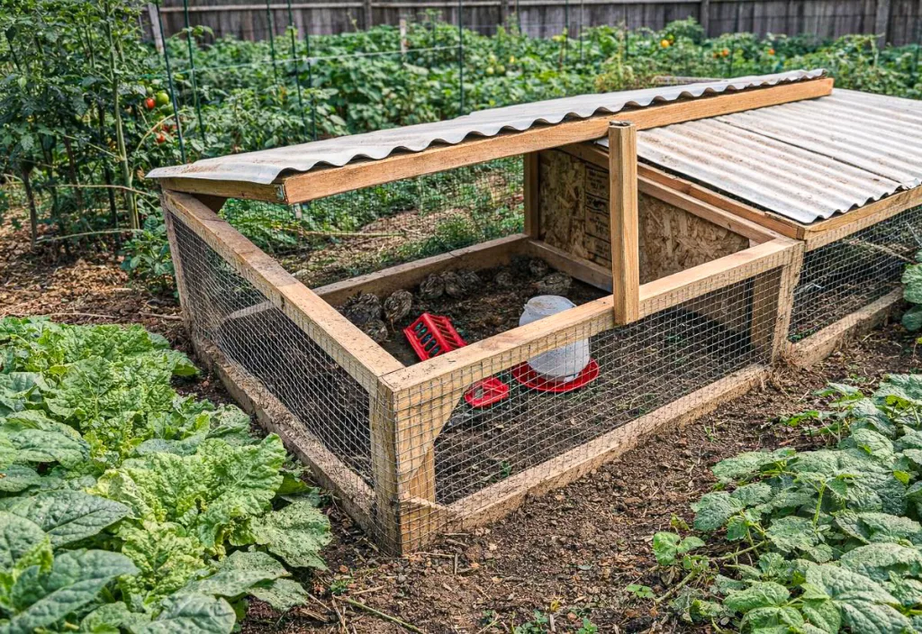 Low wooden quail tractor with hardware cloth sides placed between rows of leafy vegetables in a backyard garden.