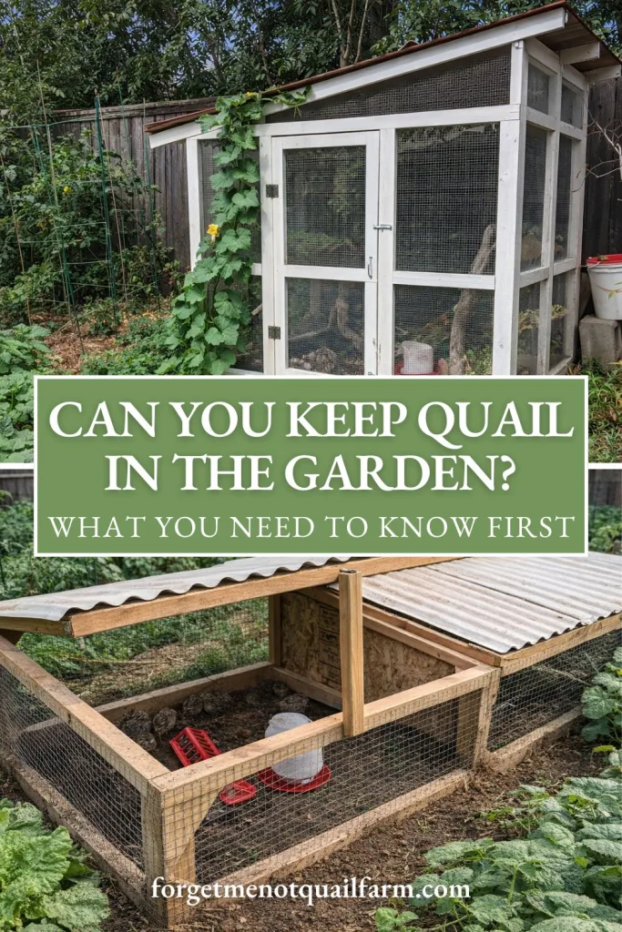 Pinterest graphic showing a white quail aviary and wooden quail tractor in a vegetable garden with text about keeping quail in the garden.