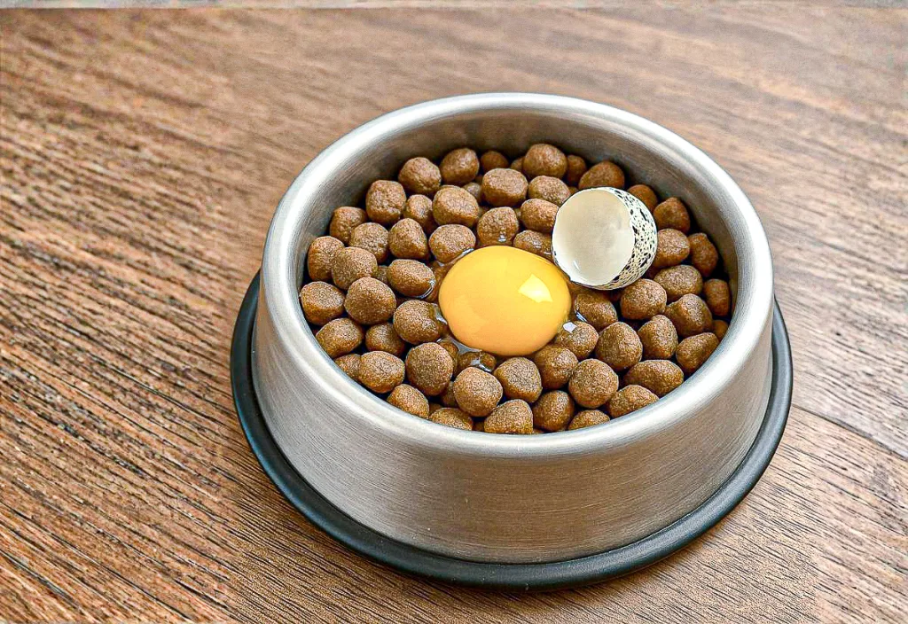 Stainless-steel dog bowl filled with dry kibble topped with a raw quail egg and half of a speckled eggshell, sitting on a wood-grain surface.