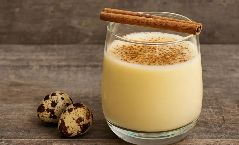 A short glass of creamy eggnog dusted with nutmeg and topped with a cinnamon stick, with two speckled quail eggs resting on a rustic wooden surface beside the glass.