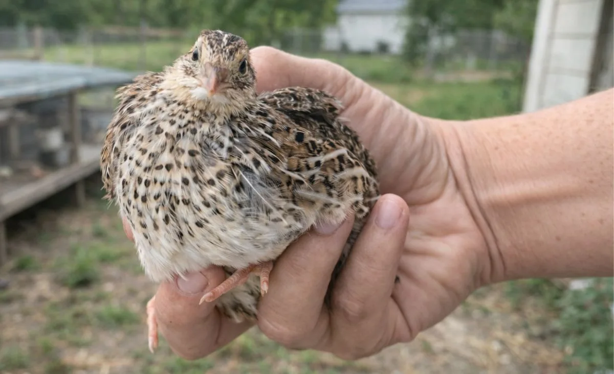 A Coturnix quail held gently in a woman’s hand at an outdoor hatchery, facing the camera with fluffed, speckled feathers and an alert expression.