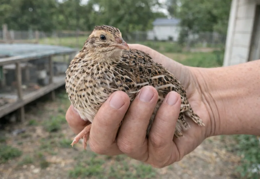 A side view of a Coturnix quail resting calmly in a woman’s hand, showing its speckled brown-and-cream feathers and relaxed posture against an outdoor pen background.