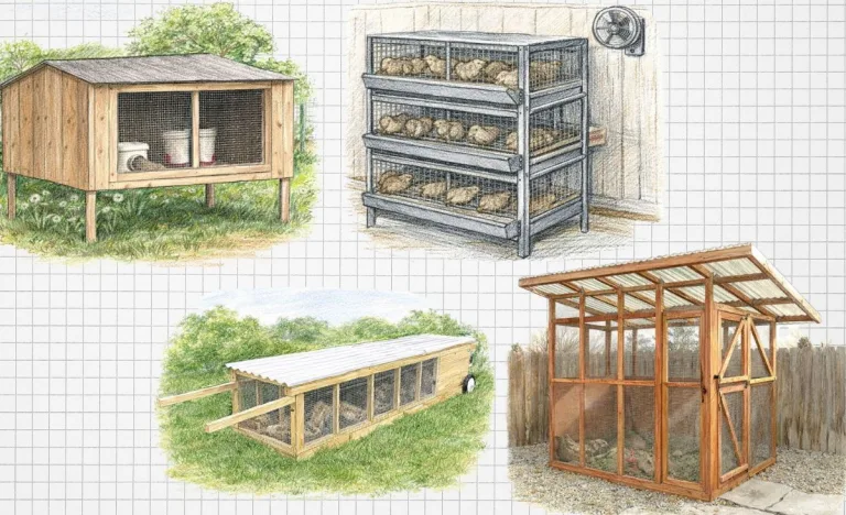 Hand-drawn sketches of four Coturnix quail housing types: raised hutch, stacked wire cages with fan, low tractor on grass, and walk-in aviary.