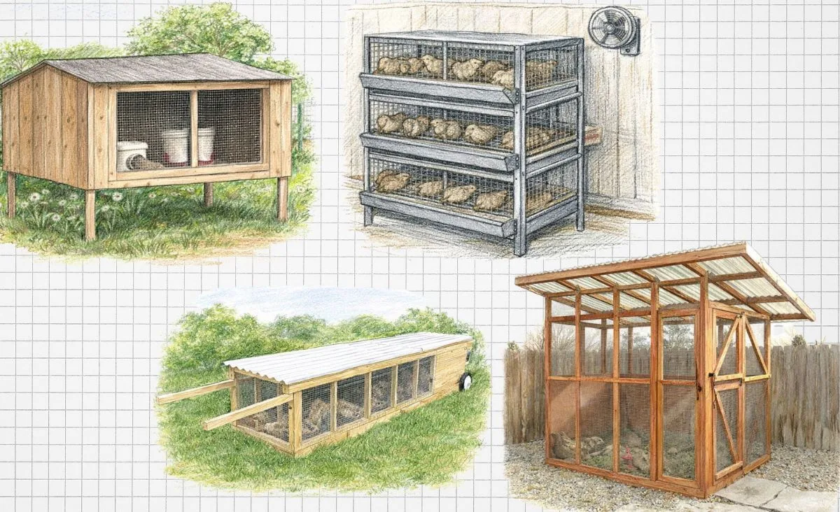 Hand-drawn sketches of four Coturnix quail housing types: raised hutch, stacked wire cages with fan, low tractor on grass, and walk-in aviary.