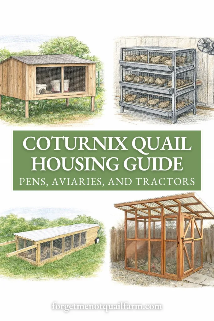Pinterest graphic showing sketches of Coturnix quail housing setups with title banner and examples of hutch, cages, tractor, and aviary.