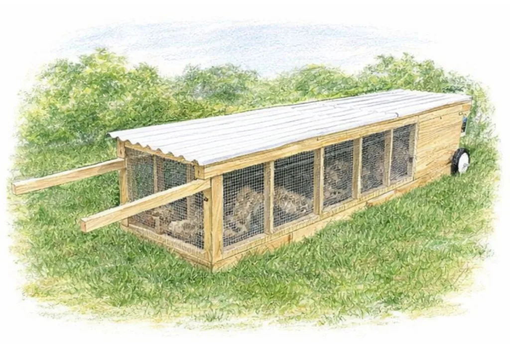 Colored pencil sketch of a low wooden quail tractor with corrugated roof, mesh sides, pull handles, and adult Coturnix inside.