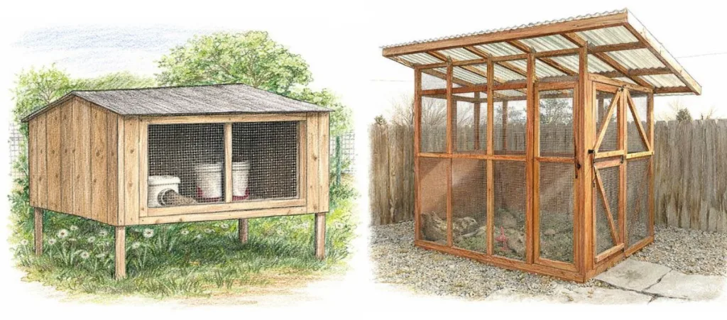 Sketch of raised wooden hutch and walk-in aviary with hardware cloth sides and sloped roof for Coturnix quail.