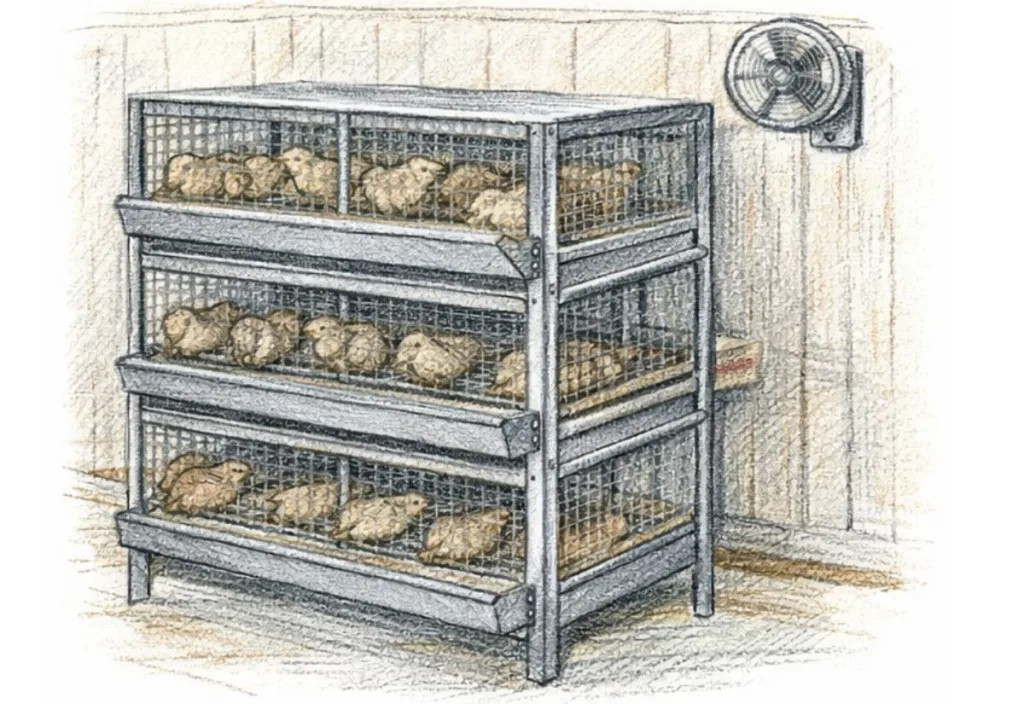 Sketch of three-tier stacked wire cage system for Coturnix quail with manure trays and wall-mounted ventilation fan.