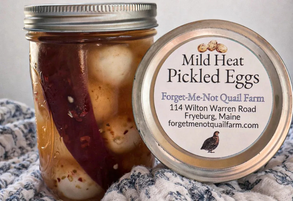 Close-up of a mason jar filled with Mild Heat pickled quail eggs in red pepper brine with label from Forget-Me-Not Quail Farm visible on the lid.