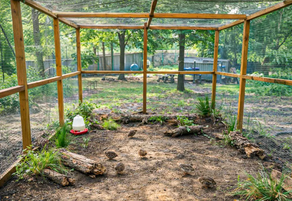 Outdoor Coturnix quail aviary with a tall wooden frame and wire mesh walls and roof, natural dirt floor with logs and plants for enrichment, and several quail walking calmly on the ground in a spacious six-foot enclosure.