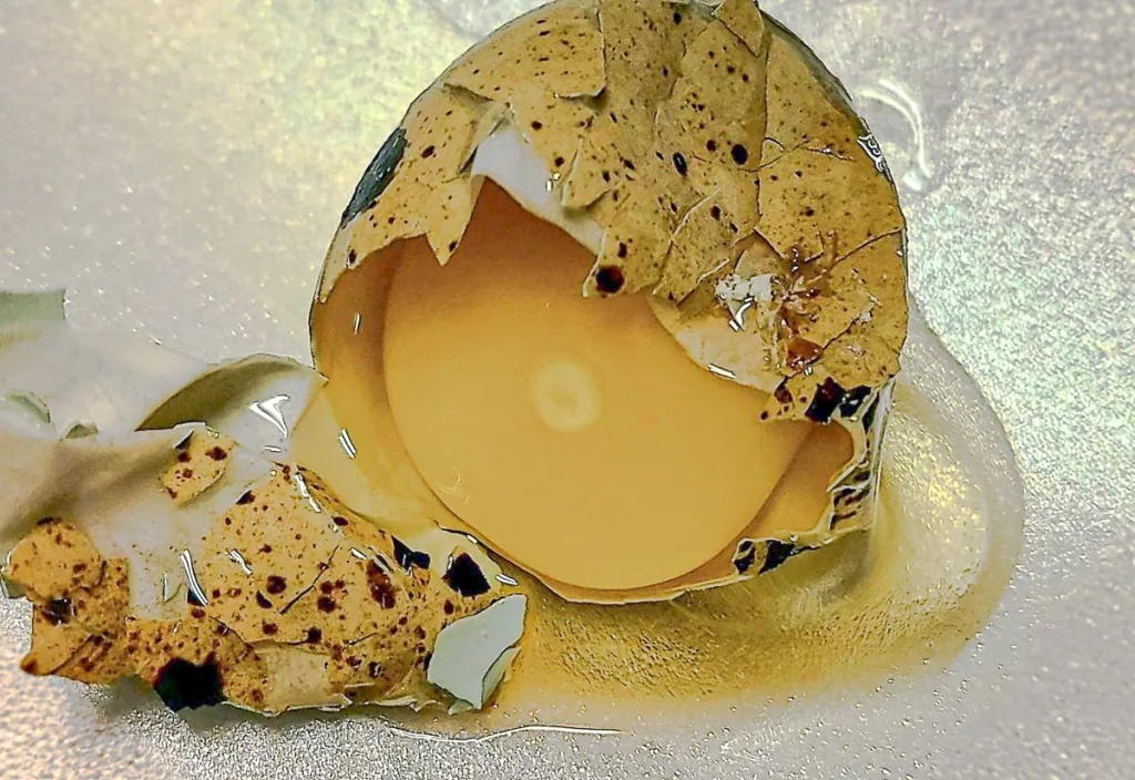 Freshly cracked Coturnix quail egg with intact yolk and speckled shell fragments on a light surface, showing internal structure used to assess egg quality and fertility.