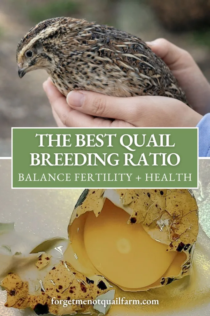 Coturnix quail held in hands above cracked quail egg with overlaid text about breeding ratio, illustrating balance between fertility and hen condition in breeding setups.