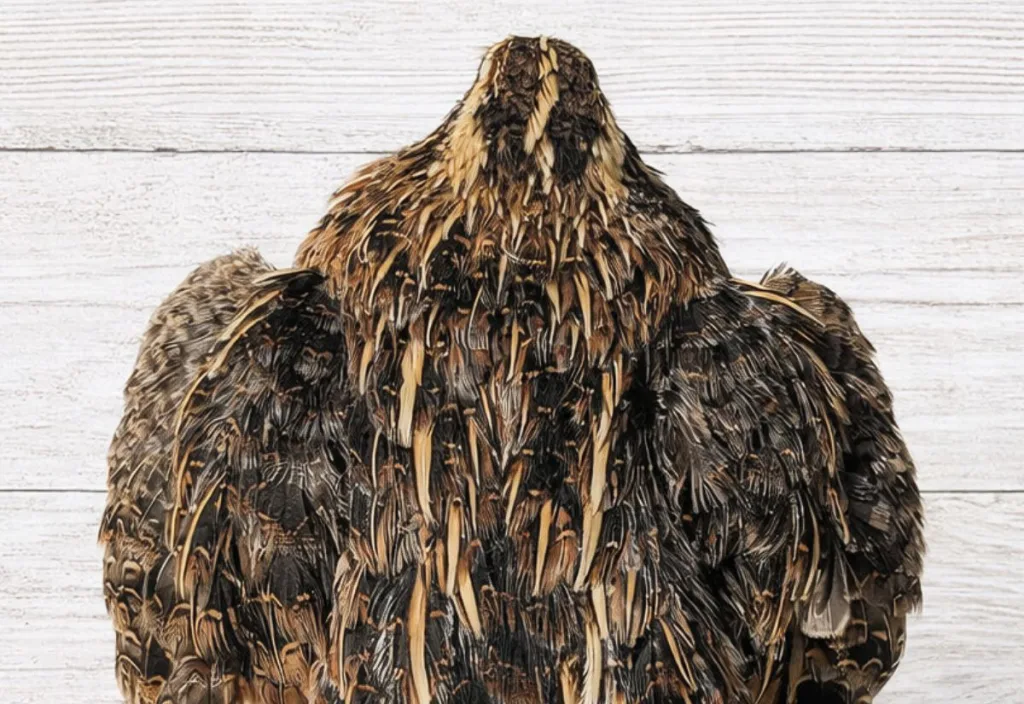 Top-down view of a Pharaoh Coturnix quail showing clear back striping and feather pattern on a whitewashed wood background.