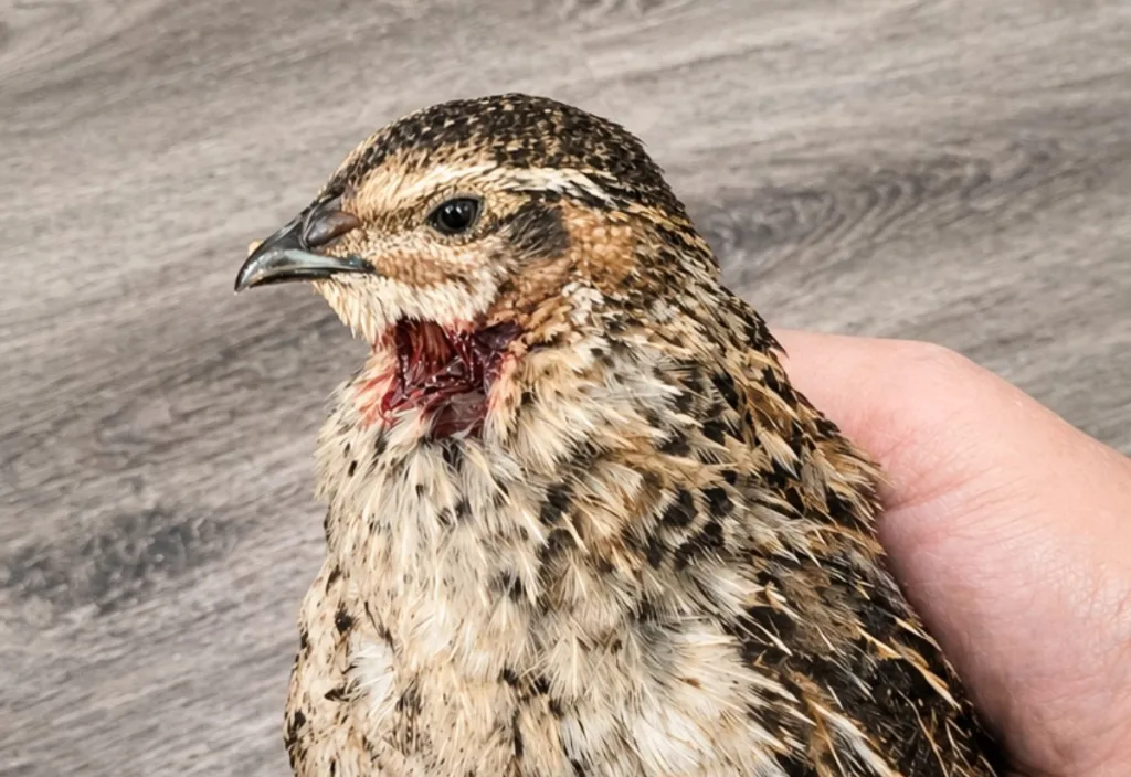 Adult Coturnix quail with a visible neck wound from pecking, held gently in hand over gray wood flooring; feathers partially missing around the injury site, demonstrating early-stage aggression damage before full escalation.