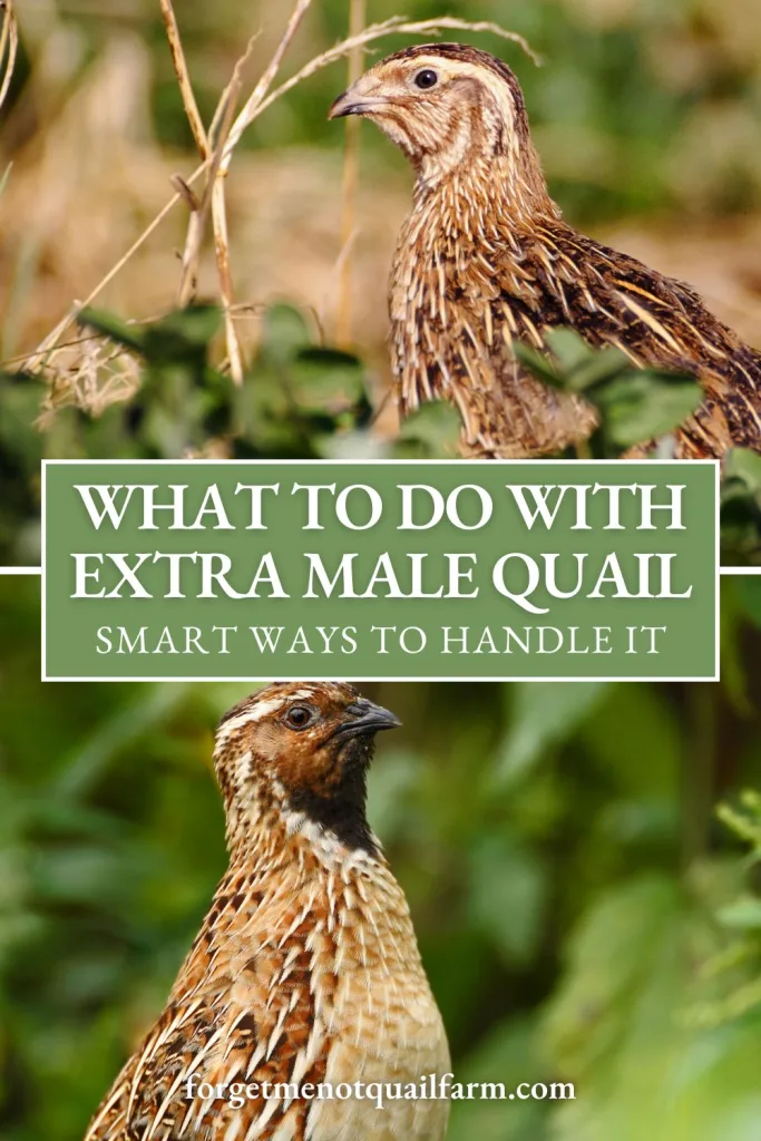 Pinterest graphic for a Forget-Me-Not Quail Farm blog post showing two Coturnix quail photos with a green text box that reads “What to Do With Extra Male Quail” and “Smart Ways to Handle It.”