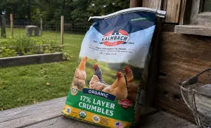 A bag of Kalmbach Organic 17% Layer Crumbles leaning against a rustic wooden wall on an outdoor homestead porch, with raised garden beds, fencing, and a grassy yard in the background.